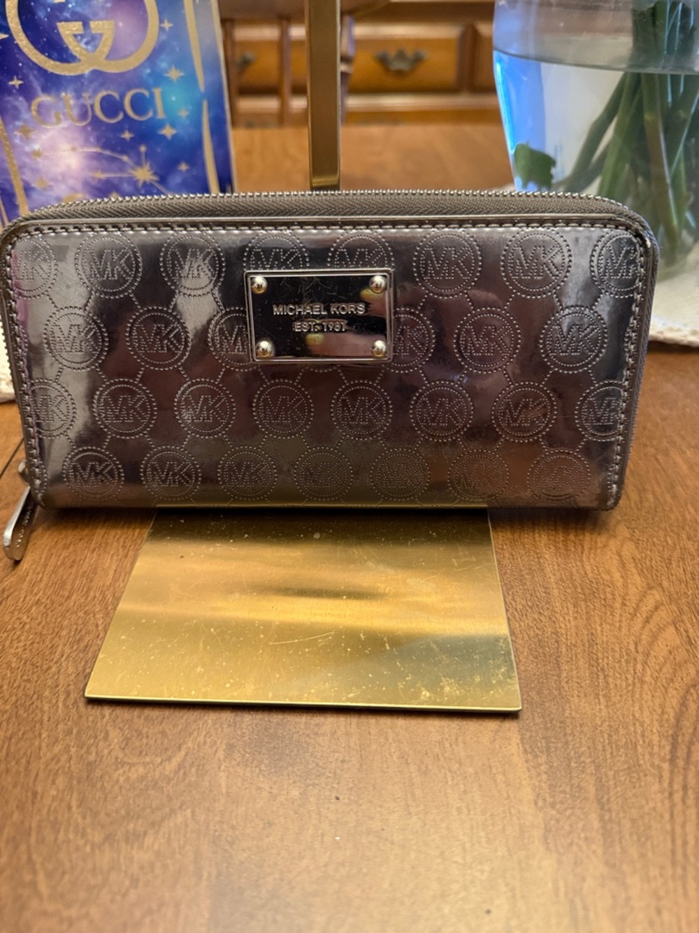 Michael Kors Silver Embossed MK Zip Wallet